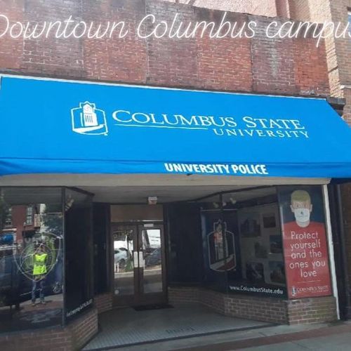 A walkway awning that reads 'Columbus State University - Unversity Police'