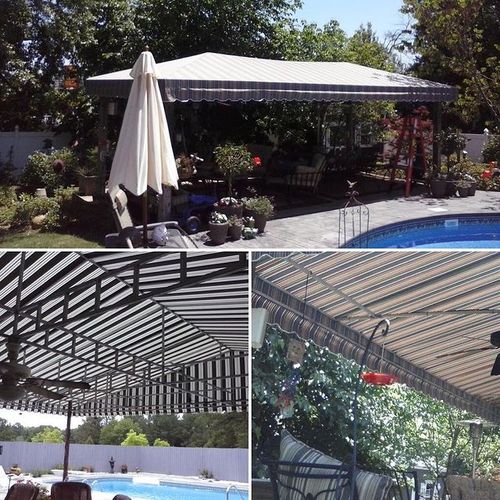 Collage of an open cabana next to a pool. Ceiling fans hang from the metal frame of the cabana in places