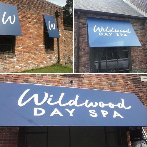 Collage of a large window awning that reads 'Wildoowd Day Spa' and several smaller window awnings featuring the letter 'W'