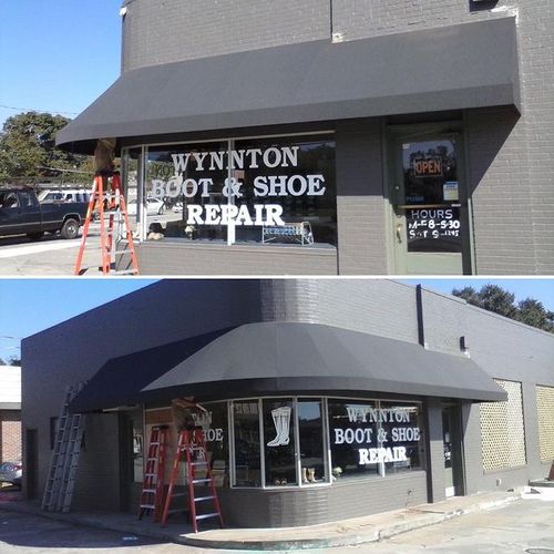 Collage of a storefront awning that wraps around a curved building whose windows read 'Wynnton boot and shoe repair'