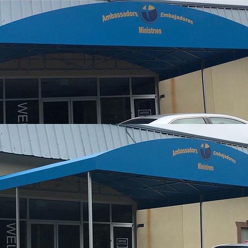 Collage of a large walkway awning to a building that reads 'Ambassadors Embajadores Ministries'