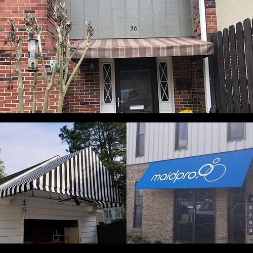 Collage of a fabric residential porch cover, a fabric residential walkway cover over the entrance of a garage, and a commercial dooway awning that reads 'maidpro'