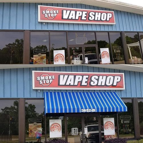 A collage of images showing 'Smoke Stop - Vape Shop' before and after installation of an awning over the entrance to the building. The awning presents the address - '3452-B'