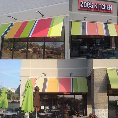 A collage of photos showing several window and storefront awnings for Zoes Kitchen