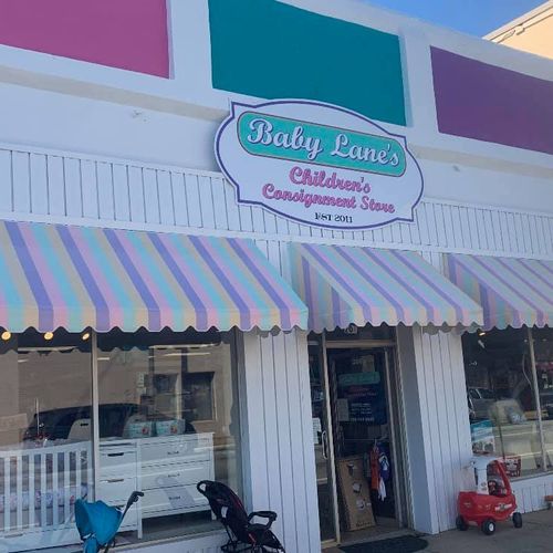 Door and window awnings for Baby Lane's - Children's Consignment Store - Established 2011