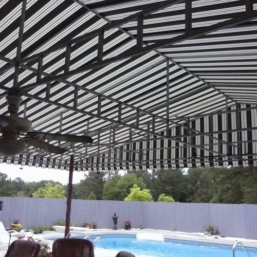 A large patio cover with ceiling fans covers a seating area next to a pool