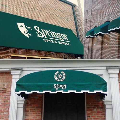 A collage of images showing several different awnings constructed for the Springer Opera House