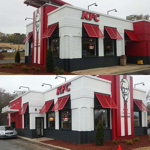 Two photos of metal window awnings covering the windows to a KFC building